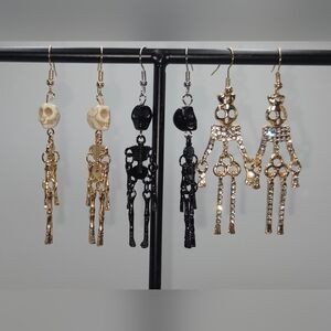 3 pairs Skeleton Dangle Earrings Set - Gold, Black, Silver